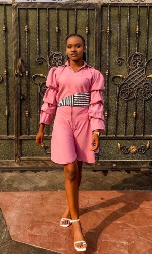 Pink Striped Collared Two-Piece with Statement Sleeves