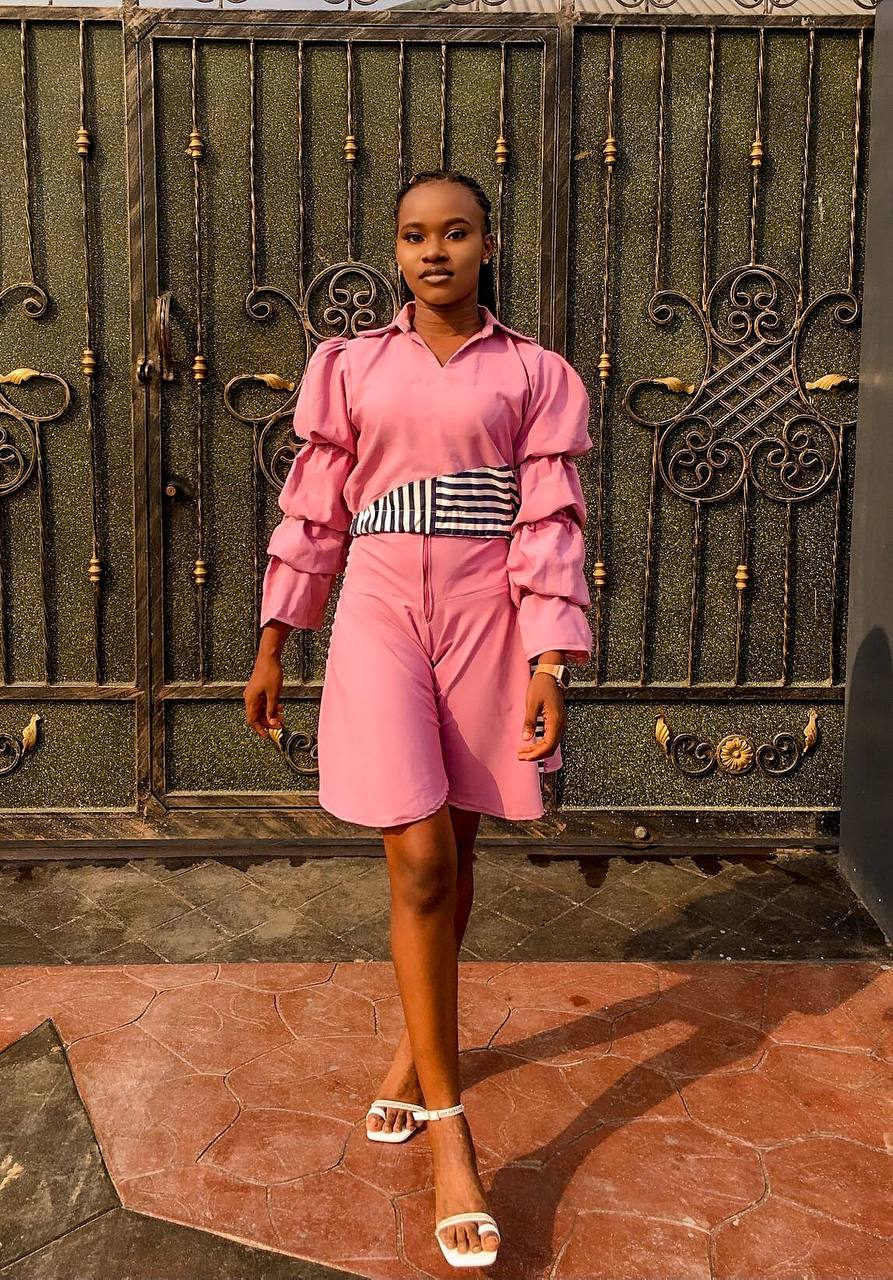 Pink Striped Collared Two-Piece with Statement Sleeves