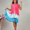 model wearing tri-coloured buttoned chiffon ruffle dress designed by Ria Kosher