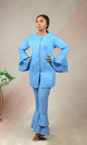 lady in pederer double layered bell bottoms suit by Ria Kosher
