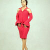 lady wearing a red bell sleeves hourglass suit dress by Ria Kosher