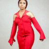 lady wearing a red bell sleeves hourglass suit dress by Ria Kosher - closeup