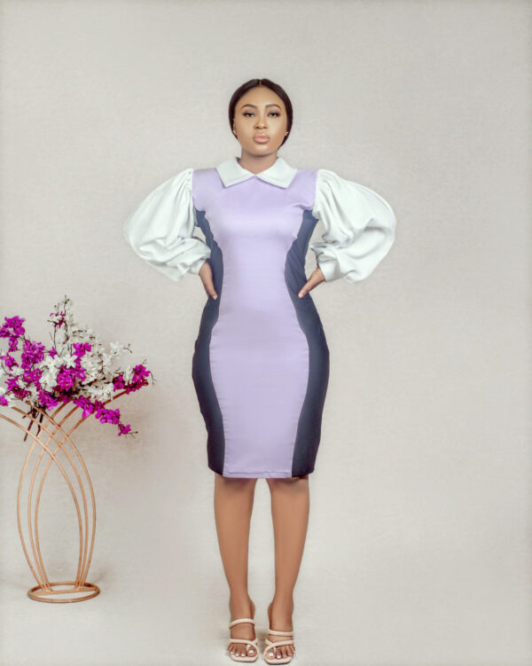 a model standing at akimbo in lilac collared illusion sheath dress by Ria Kosher